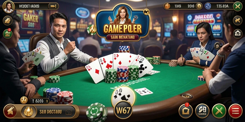 Screenshot W67 menunjukkan gameplay poker yang seru dan menegangkan.